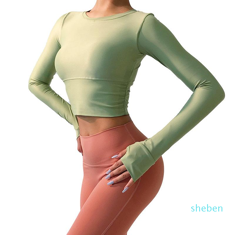 

Yoga Outfits Women Shirt With Chest Pad Long Sleeve Nudity Smooth Fabric Gym Elastic Tight Workout Running T-shirt Sexy Crop Top, Purple