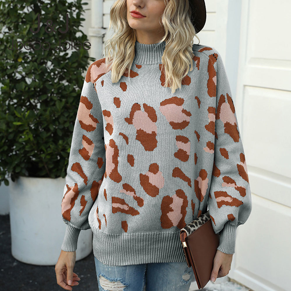 

Vintage Lantern Sleeve Loose Knitted Sweaters Women Leopard Print Turtleneck Sweater Elegant Harajuku Pullover Jumpers 210518, Khaki