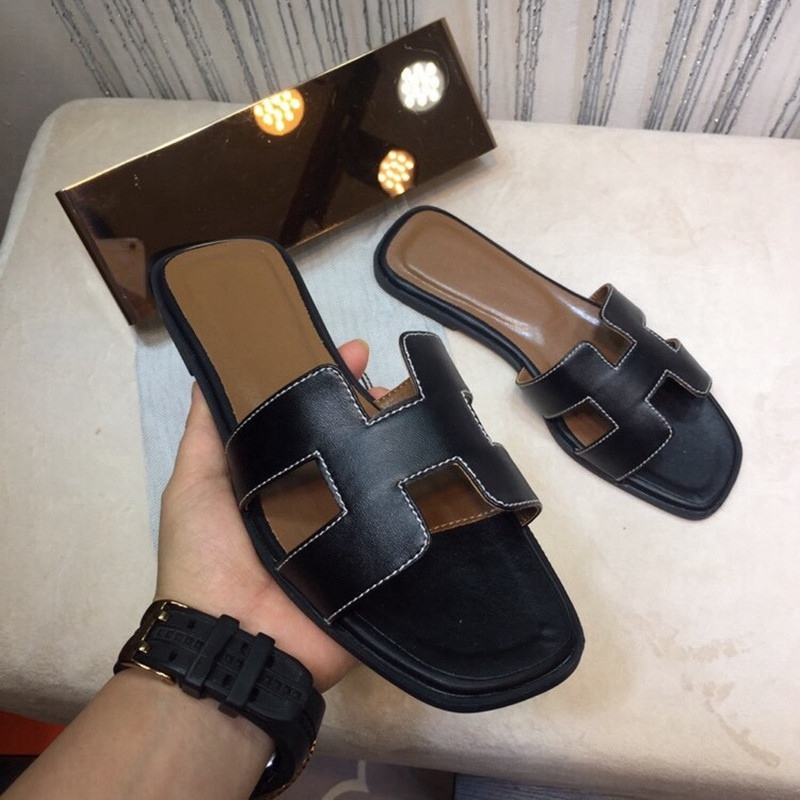 

Designer Women's Fashion Oran Sandals and Slippers 100% Real Shoes Ladies Luxury Flat Palm-print Leather Size 35-42, Black;red