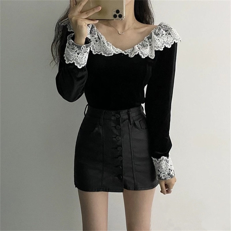 

Black Chic Lace V-Neck Ruffles Patchwork Sweet Velvet Women Slim Streetwear Basic Full Sleeves T-Shirts 210525, Photo color