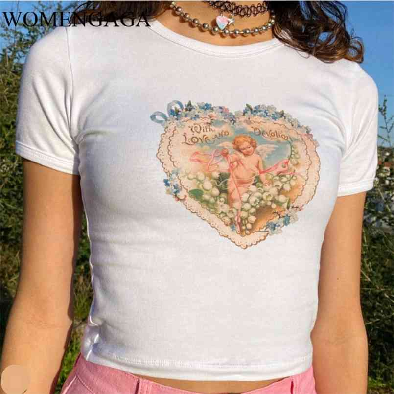 

Angel Printed Female Korean High Waist Short Sleeve T-shirt Ins Tight Exposed Navel Student Tops Women's Clothing Plus Size E889 210708, Purple