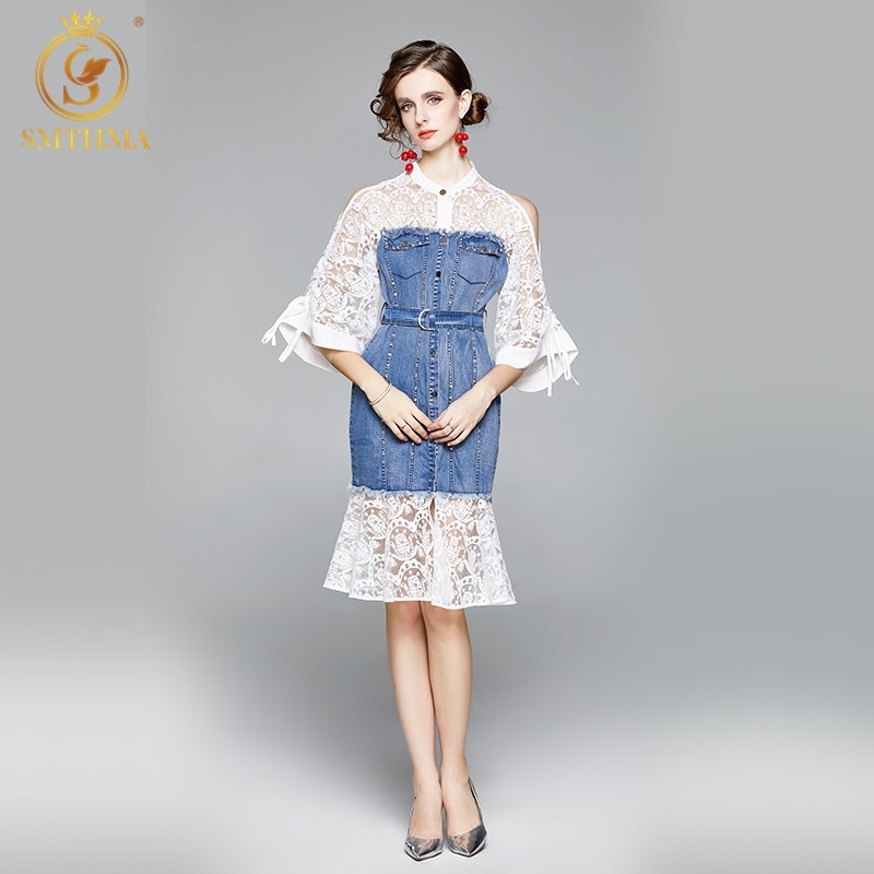

High-End Sexy Strapless Denim Dresses Women Fashion Flare Sleeve Patchwork Single-Breasted Beading Vestido Da Festa 210520, Photo color