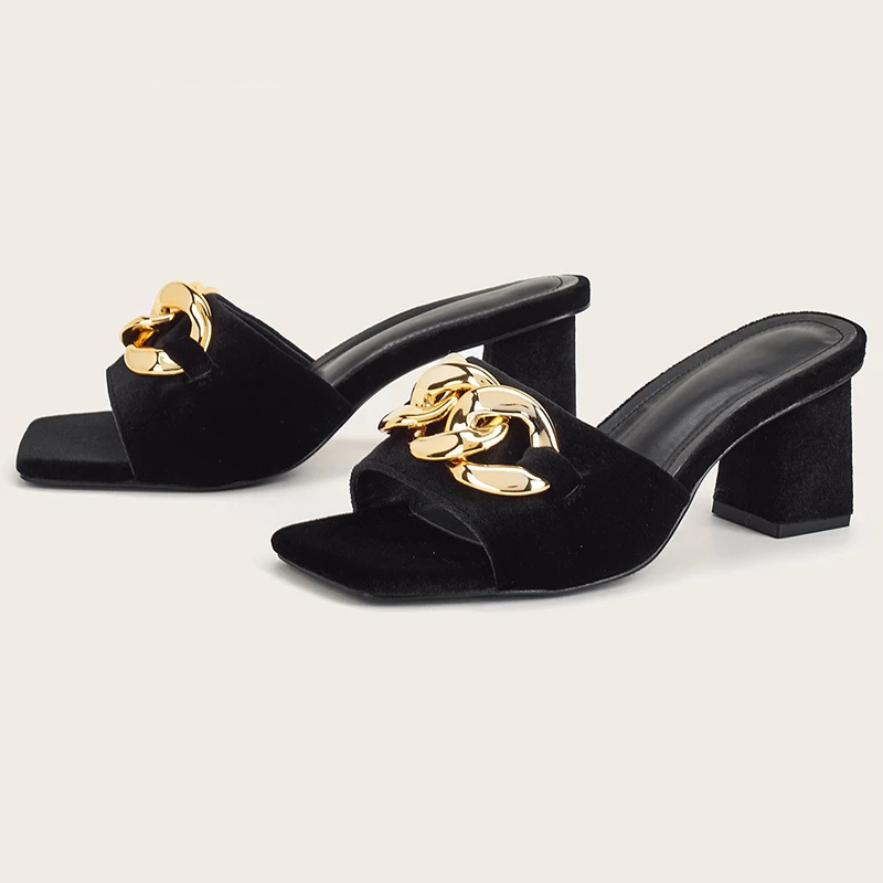 

2022 NEW Fashion PU Women Shoes Summer Square Heel Peep Toe Slipper Novelty Shallow Metal Decoration Patchwork Elegant, Black