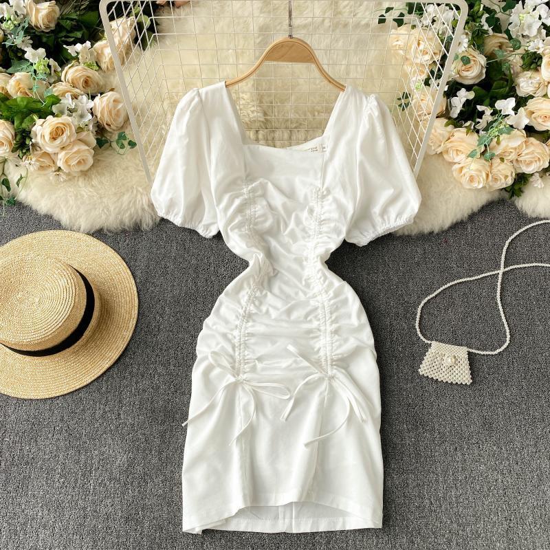 

Women Drawstring Pleated Square Collar Temperament Buttocks Dress Short Sleeve Slim Fashion Spring Summer 11B715 210525, White