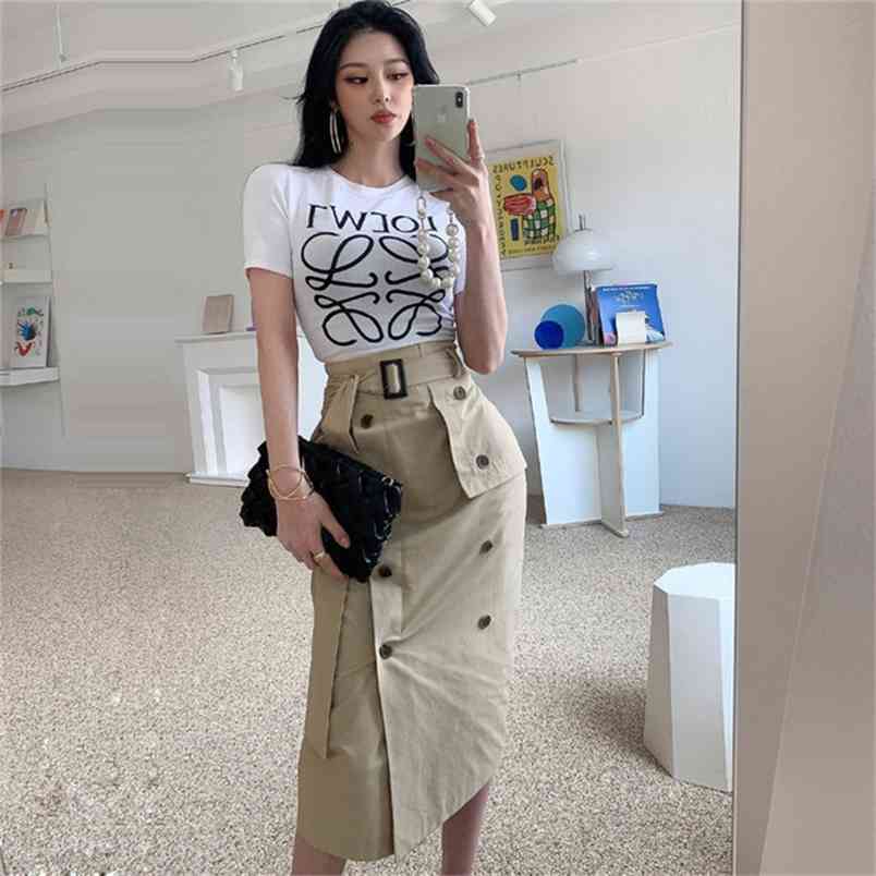 

Summer Elegant Two Piece Set Women Korean White Short Sleeve Letter T-Shirt Top + High Waist OL Bodycon Skirts Casual Suit 210519, Photo color