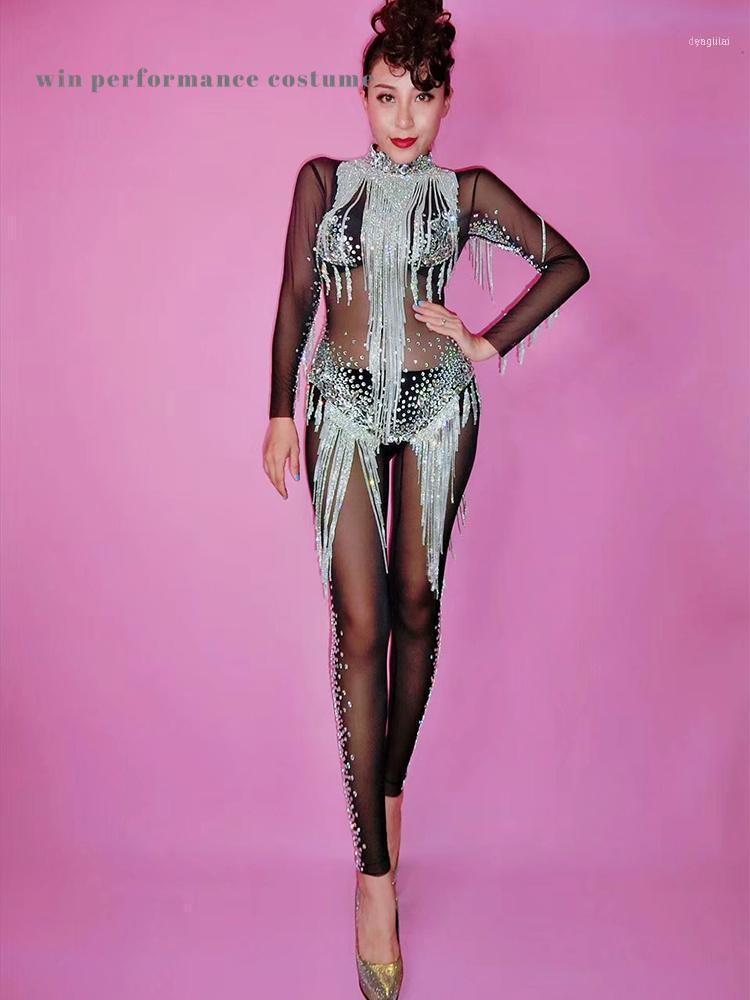 

Women Black Mesh Transparent Sexy Jumpsuit Bright Sivler Rhinstone Tassel Celebrate Rompers Diamonds Party Crystal Costume Gogo1, Multi