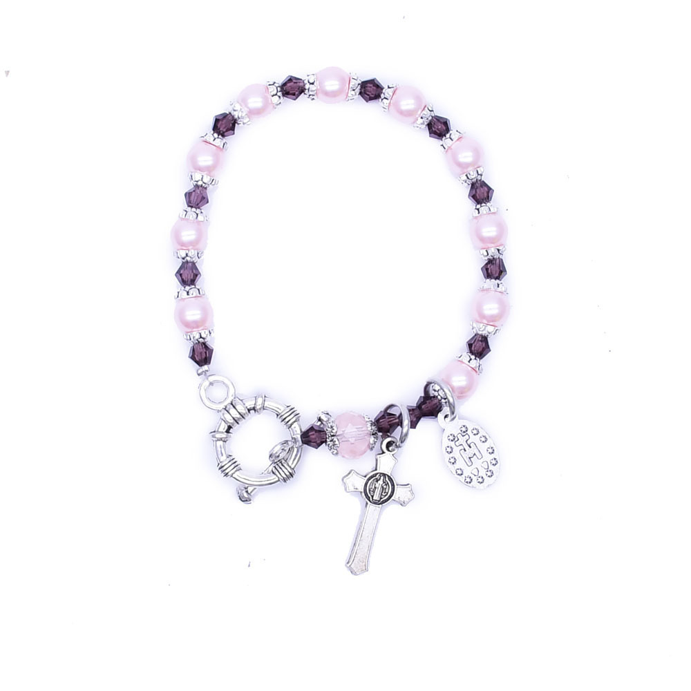 

Pink Pearl Crystal Cross Bracelet Holy Mother Of God Hand Beads Bracelet