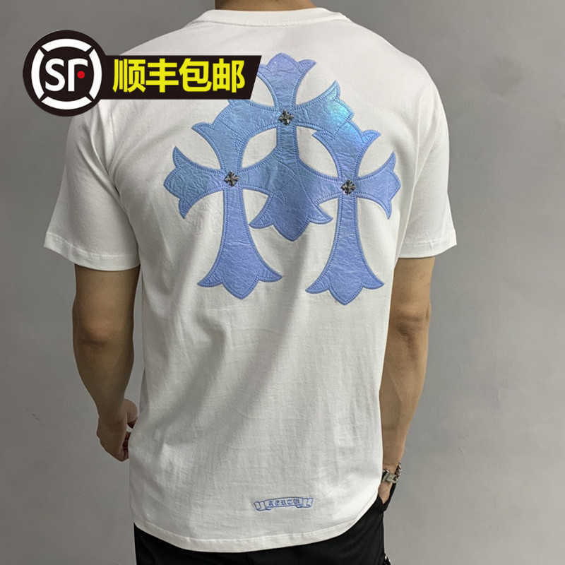 

21ss Men's and Women's Crosin Ch Horseshoe Cross Embroidery Short Sleeve Crew Neck Lovers T-shirt, White;black