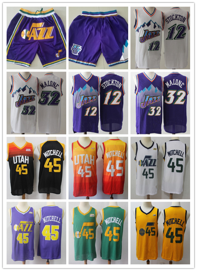 

Mens UtahJazzThrowback Jersey John 12 Stockton Karl 32 Malone Donovan 45 Mitchell Basketball Jerseys Basketball Shorts purple, Black;red