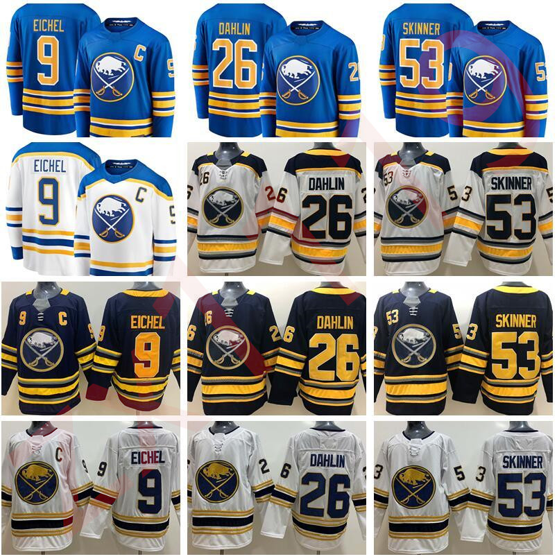 

2021 Buffalo Sabres 9 Jack Eichel Jersey Hockey 26 Rasmus Dahlin 53 Jeff Skinner 50TH Home Royal Navy Blue White Stitched Man Woman Kids, Black;red