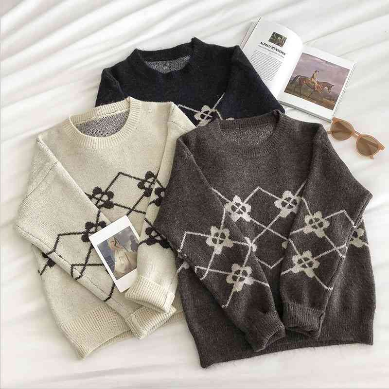 

Autumn Winter Pullover Sweater Women Long Sleeved Vintage Flower Pattern Korean Knitted Woman Oversized Tops 210602, Dark brown