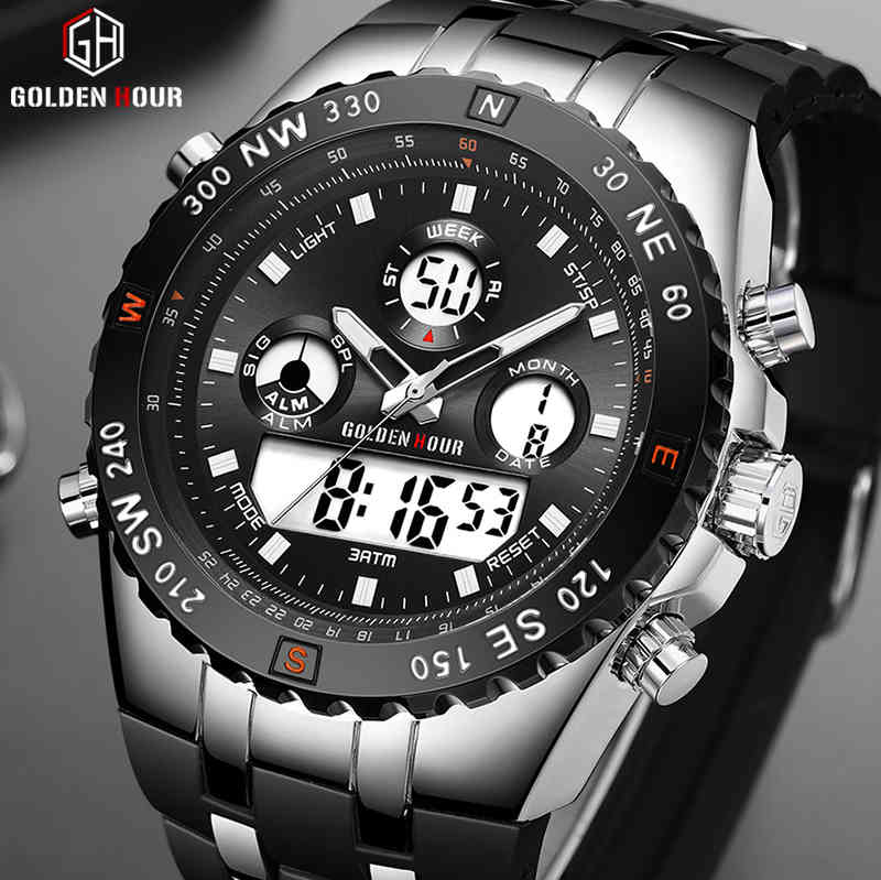 

GOLDENHOUR Fashion Men Quartz Watch Outdoor Sports Mens Wristwatches Dual Display Silicon Strap Waterproof Relogio Masculino 210517, Black silver black