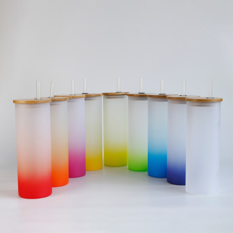 

17oz Sublimation Glass skinny tumbler blank Frosted Glasses Water Bottle gradient colors printing tumblers with bamboo lid & straw, As picture shows