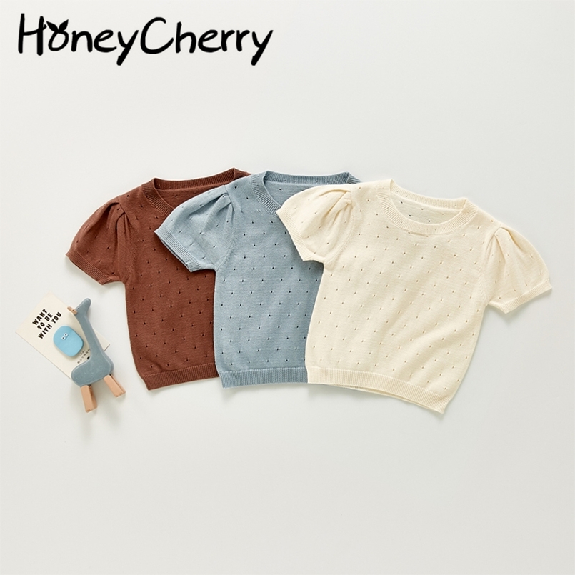 

summer casual knit top solid color hollow girls round neck short sleeve T-shirt kids clothes 210702, Gray