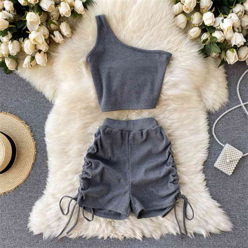 

Foamlina Casual Women 2 Piece Set Solid Summer Fashion One Shoulder Sleeveless Crop Top and Drawstring Shorts Workout Tracksuits 210721, Light gray