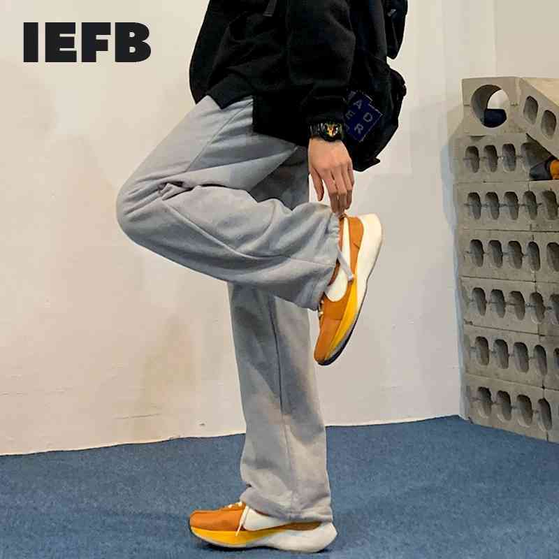 

IEFB men's clothes grey black casual sweatpants Korean trendy loose straight drawstring bottoms pants elastic waist trousers 210524, Gray