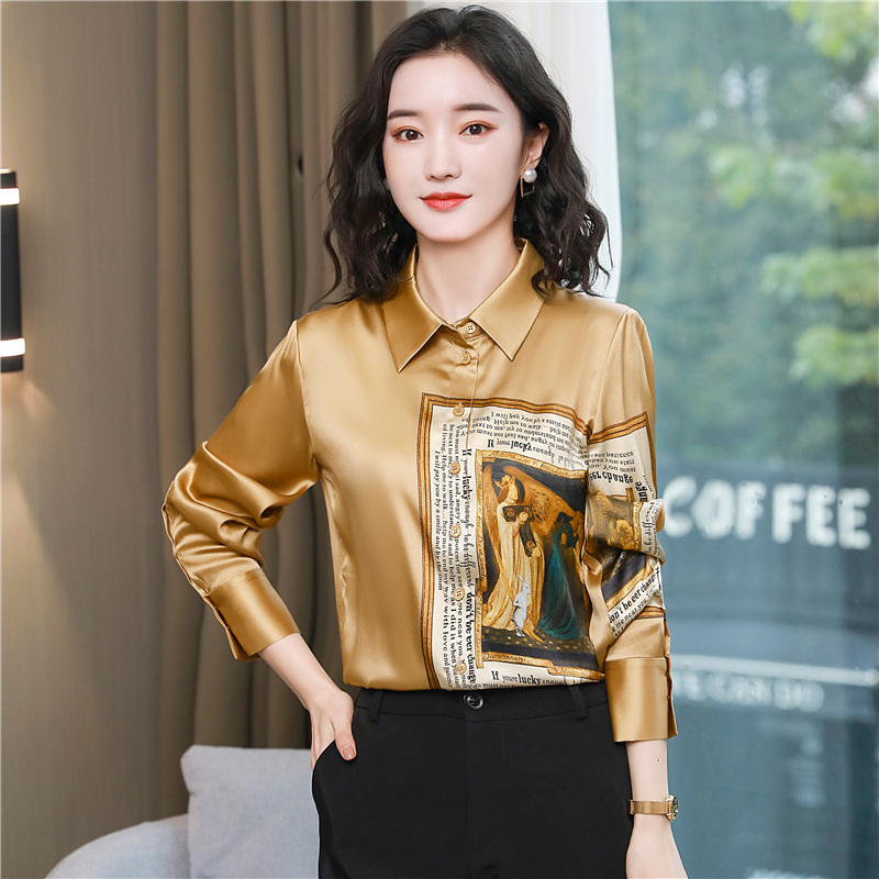 

2021Luxury Fashion Silk Runway Blouses Women Designer Button Lapel Long Sleeve Shirts Elegant Office Ladies Satin Shirt Slim Beautiful Spring Autumn Casual Tops, Gold