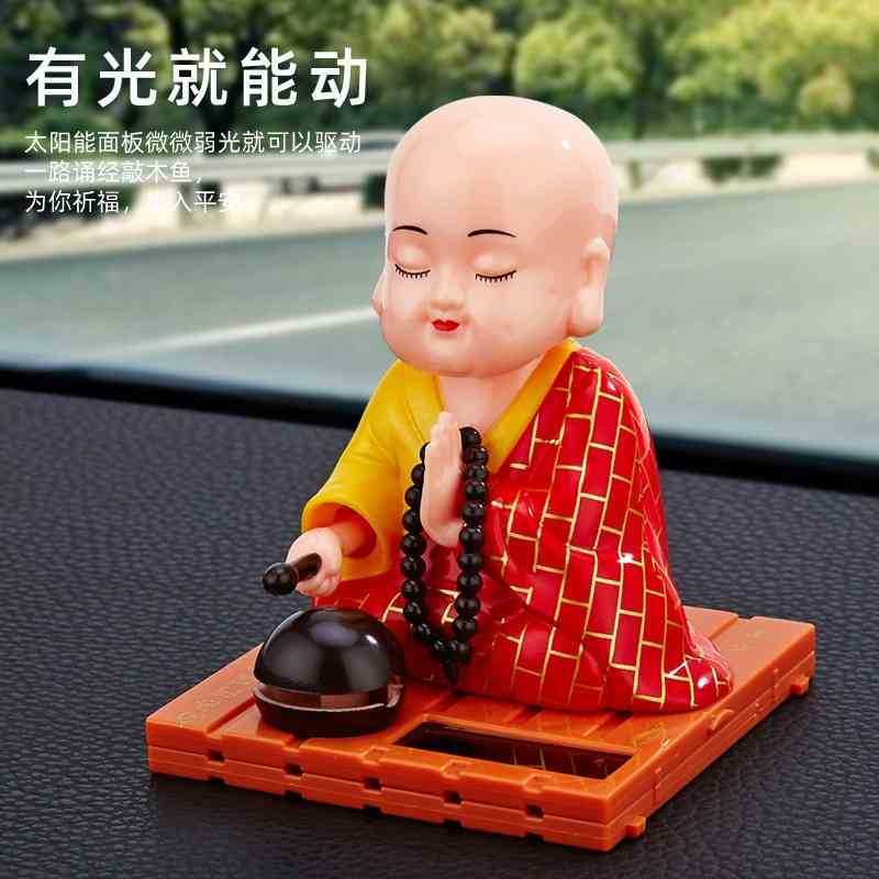 

Car solar cartoon creative knock wooden fish car decorative gifts with little monk ornaments