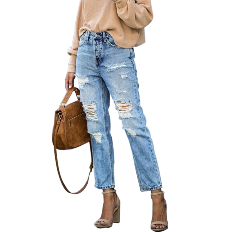 

Ripped Jeans For Women Blue Loose Vintage Female Fashion Mid Waist Style Baggy Mom Pants Casual