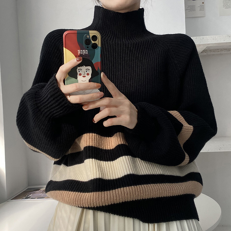 

High Collar Striped Pullover Sweater Women Fall Winter Outer Wear Lazy Wind Short Oversized Knit Top For Fashion 210520, Black