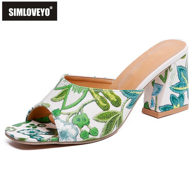 

Slippers SIMLOVEYO 2021 Woman Summer Elegant Slipper Peep Toe Square Heels Slip On Embroidered Flower Big Size 35-40 Casual Outdoor B1913, Black