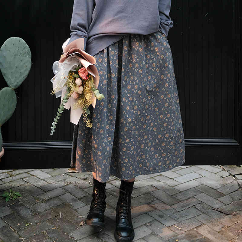 

Johnature Women Print Floral A-Line Skirts Elastic Waist Spring Pockets Vintage Loose Mori Girl Cotton Blend Skirts 210521, Gray