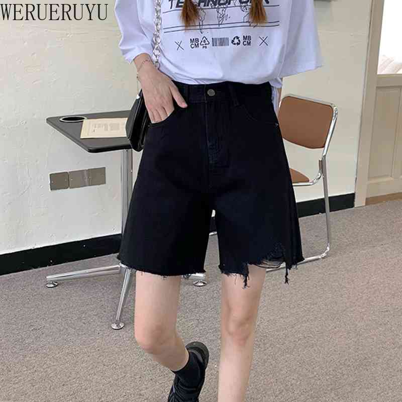 

WERUERUYU Summer Sexy Women Jeans Blue High Waist Denim Hole Knee Length 210608, Photo color