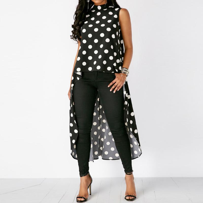 

Women' Blouses & Shirts Women Casual Sleeveless Polka Dot Black High Low Chiffon Long Blouse Tops O-Neck Summer 2021 Fashion Blusas