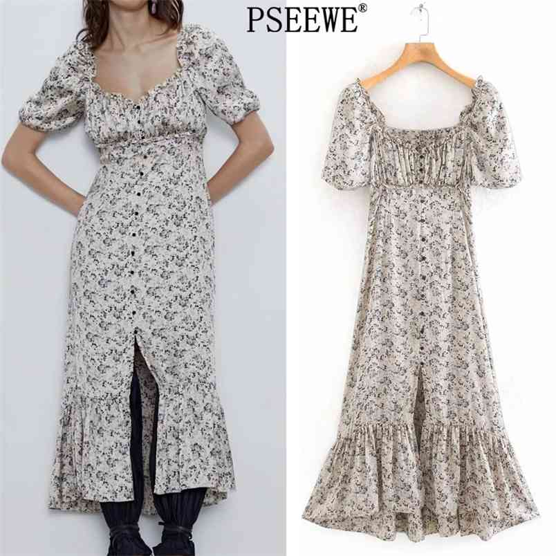 

Floral Printed Long Dresses Summer Woman Fashion Button Ruffle Short Puff Sleeve Women Cottagecore 210519, Beige