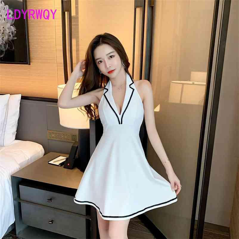 

LDYRWQY Halter Contrasting Color Lapel Fashion Sexy Low-Cut Slim Dress Office Lady Polyester 210603, Black