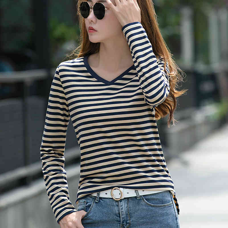 

Women's T-Shirt Striped T Women Clothes V-Neck Fashion Autumn Womens Tops Female Long Sleeve Cotton Tshirt Tee Femme WT75, Blue strips