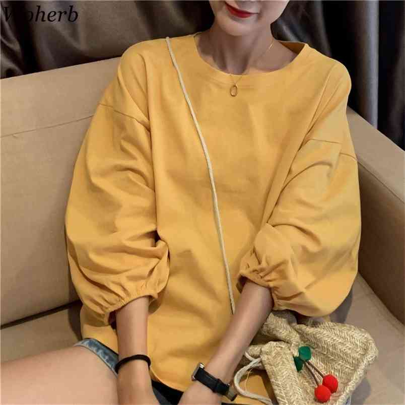 

Long Lantern Sleeve T -shirt Women Crew Neck Causal Solid Shirts Spring Summer All Match Basic ops ee Femme 210519, White