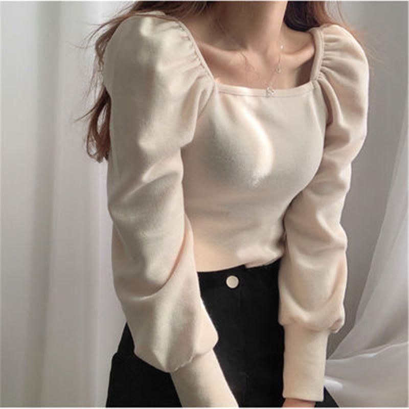 

Women's T-Shirt 2022 Knit Top Square Collar Hollow Out T Shirt Slim Fit Pleated Puff Sleeve Solid Blusas Autumn Spring Basic Tops PZ3106, White
