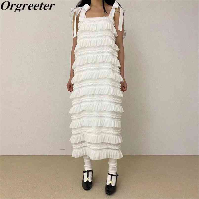 

Sweet Cascading ruffles Sleeveless Long Chiffon Cake Dress Korean Summer Fashion Bow Lacing Spaghetti Strap Female 210602, Black