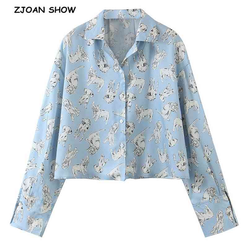 

CHIC Skyblue Lapel Animal Dog Print Shirt Retro Woman Loose Long sleeve Blouse Short Tops Blousas 210429, Sky blue