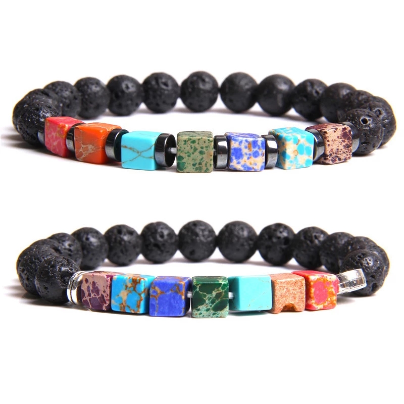 

7 Chakra Bracelets for Women Boho Handmade Natural Square Imperial Stone Healing Energy Bead Stretch Bracelet Collection