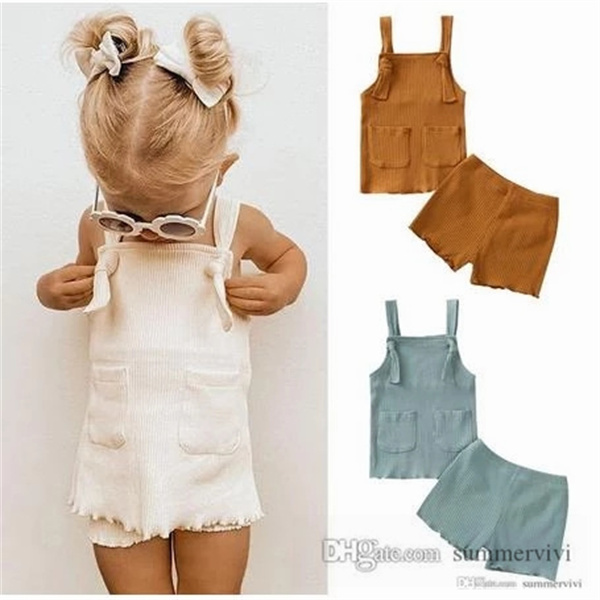 

Summer Baby girls vertical stripe clothing sets toddler kids suspender tops+elastic waist shorts 2pcs fashion children outfits Q4747, Brown