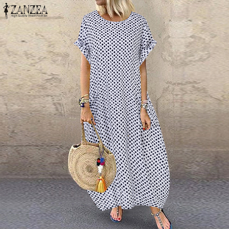 

2021Bohemian Beach Maxi Dress Womens Printed Summer Sundress ZANZEA 2021 Casual Polka Dot Baggy Sarafans Vestidos Plus Size Robe, Black;gray