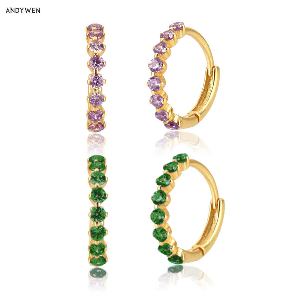 

ANDYWEN 925 Sterling Silver 9.5mm Purple Green European Hoops Pendiente Luxury CZ Piercing Jewelry Fine Earring 210608