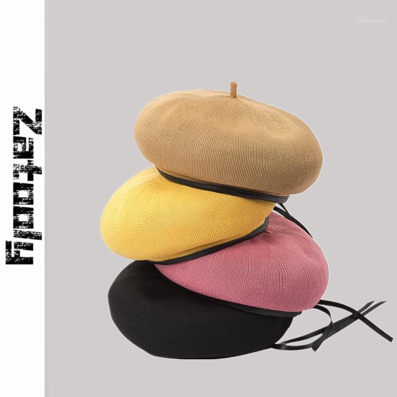 

Spring Summer Beret Hats For Women Knitted Breathable Cap Lady Adjustable PU Rope Simple Boina Feminina Artist Hat Solid Berets
