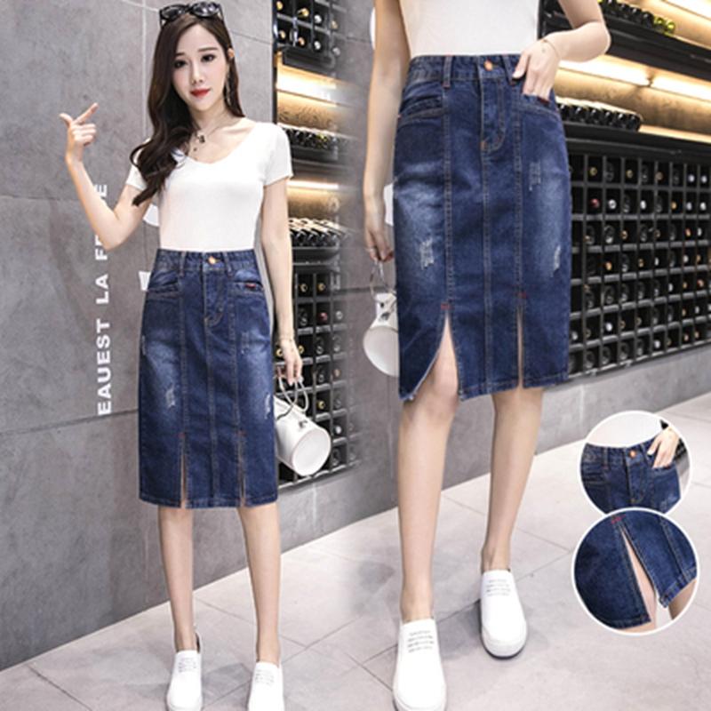 

Skirts Summer Women Simple High Waist Split Ripped Jeans Denim Thin Bag Hip Skirt Jupe Femme, Blue