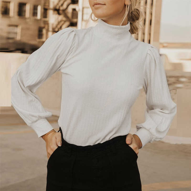 

Turtleneck White T-shirts Casual Back Buttons Long Lantern Sleeve Pullover Tops Autumn Winter Elegant Solid Color Slim Tees 210526
