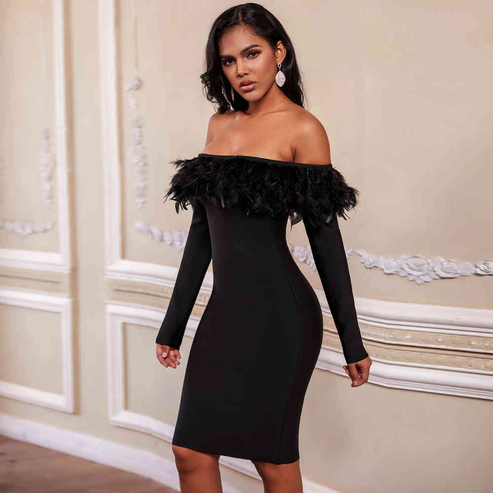 

dresses Officer women off the black shoulder rayon feather sexy long sleeve bandage bodycon night party dress I621, Gules