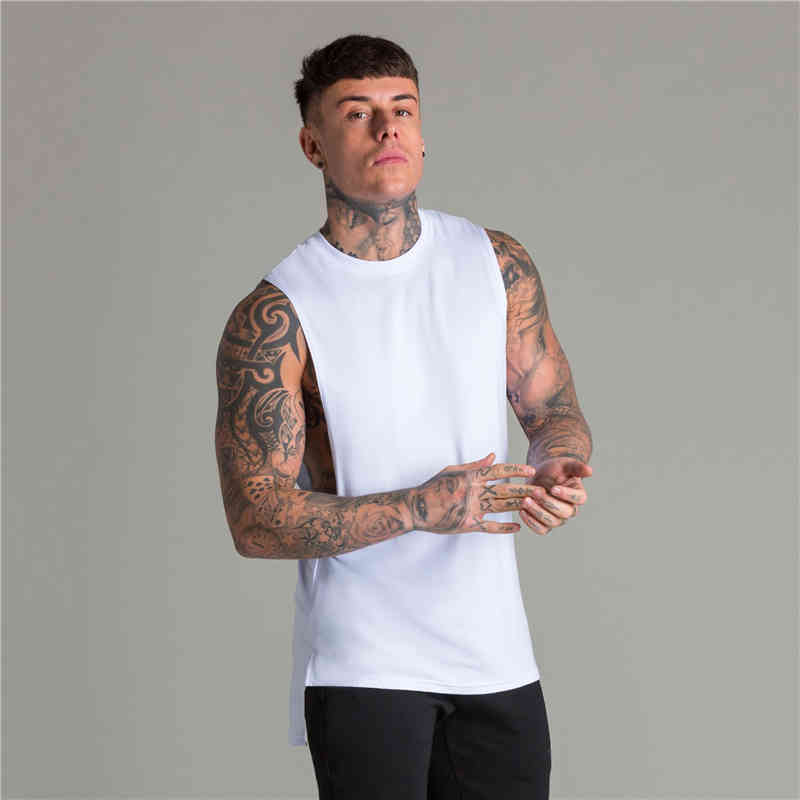 

Extend Cut Off Gym Fitness Bodybuilding Tank Tops Men Fashion Hip Hop Workout Clothing Loose Open Side Sleeveless Shirts Vest, White;black