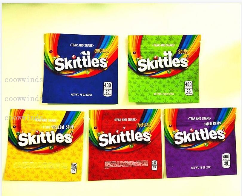 

5 types sour Skittles edibles packaging bags Empty soft touch skin 400MG Rainbow Packages warheads Candy smell proof resealable zipper pouch Package bag