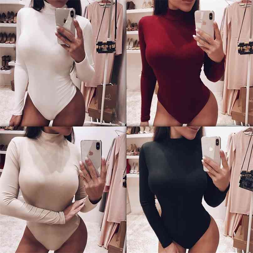 

cotton long sleeve women sexy bodysuit autumn winter female Mock Neck warm clothes slim fit fashion solid body suit 210607, White
