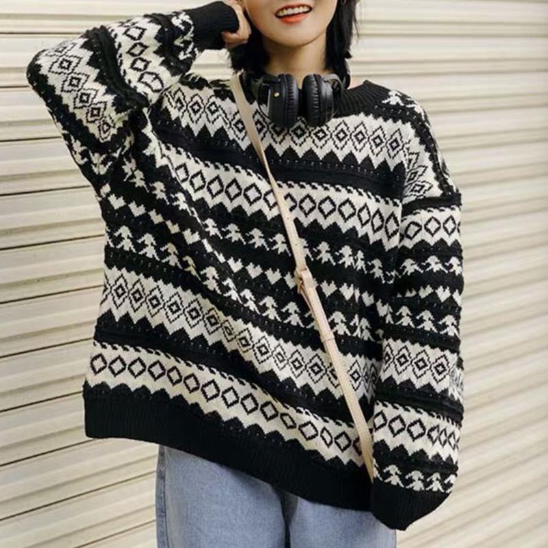 

Women' Sweaters Women Jumper Winter Vintage Pullover Striped Sweater Casual Crew Neck Harajuku Warm Tops Sueter De Mujer 2021