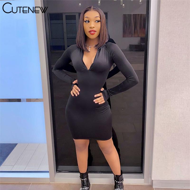 

Casual Dresses Cute Solid Long Sleeve O-Neck Mini For Women Spring Zipper High Waist Elastic Outfits Bodycon Female Basic Streetwear, Black;gray