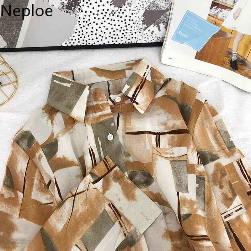 Neploe Blouses Women Vintage Print Long Sleeve Shirts Turn-down Collar Loose All-match Blouse Tops Blusas Mujer De Moda 210422