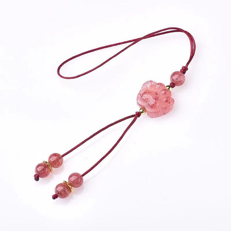 

Charms Girl Natural Cute Strawberry Crystal Pendant Keychain Stone Pink Quartz Cat Weave Gift, Bronze;silver